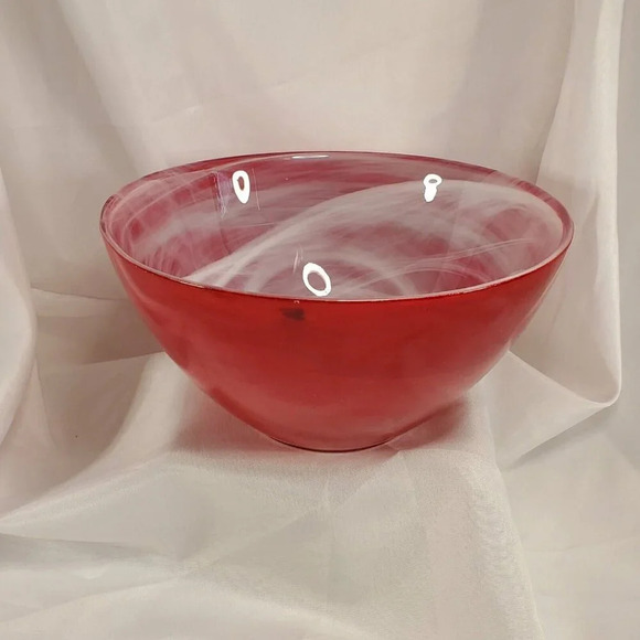 SEA Glasbruk Kosta Boda Sweden Art Glass Blown Bowl Red W/ White Smoke Painted - Picture 7 of 12